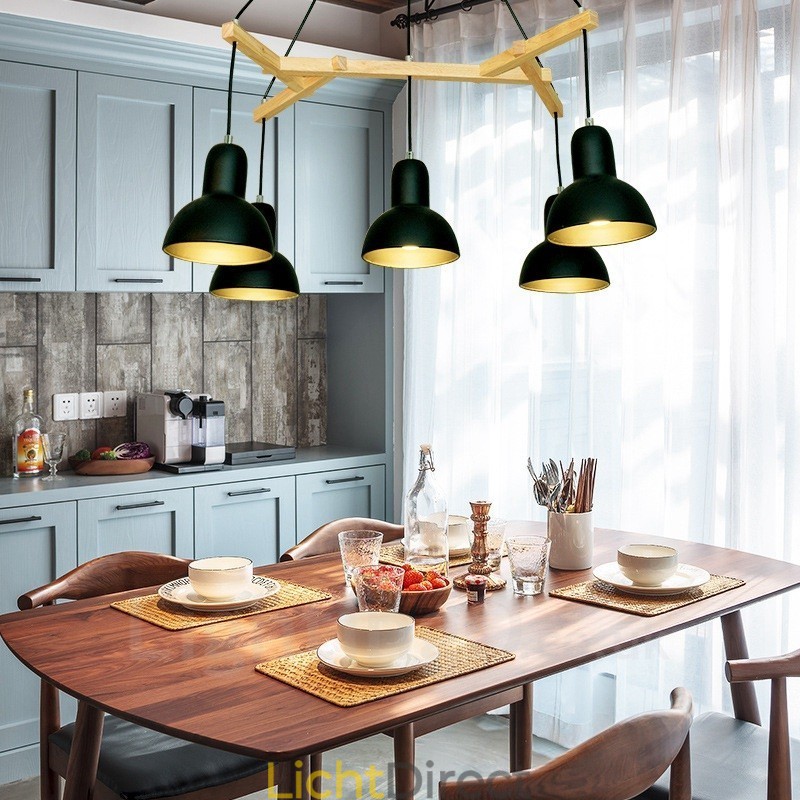 5-lichts moderne hanglamp van hout met ijzeren kap