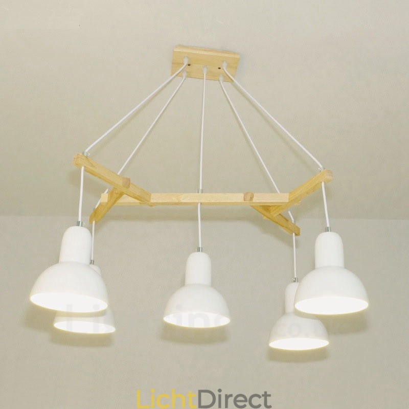 5-lichts moderne hanglamp van hout met ijzeren kap