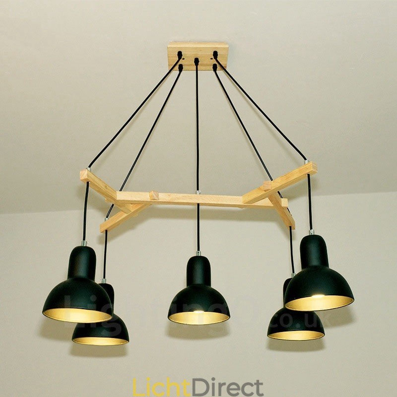 5-lichts moderne hanglamp van hout met ijzeren kap