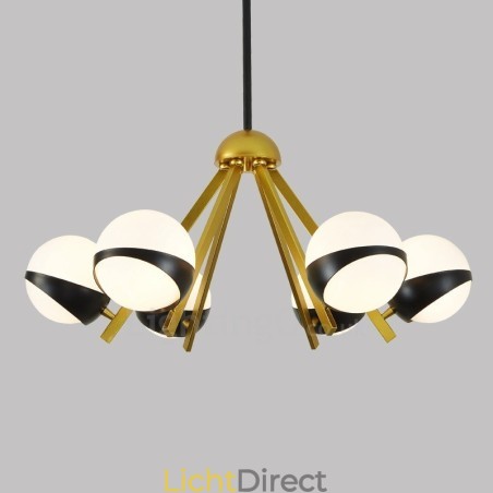 6-lichts moderne eigentijdse Scandinavische stijl plafondlamp met zwart-witte bolvormige glazen kap 6-lichts moderne eigentijdse Scandinavische stijl plafondlamp met zwart-witte bolvormige glazen kap