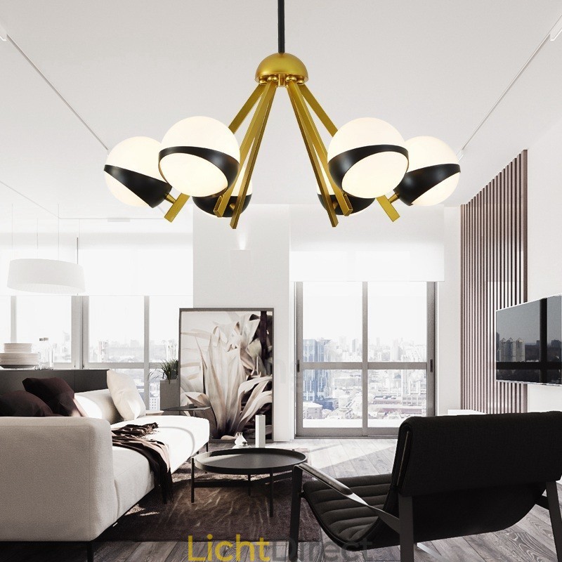 6-lichts moderne eigentijdse Scandinavische stijl plafondlamp met zwart-witte bolvormige glazen kap