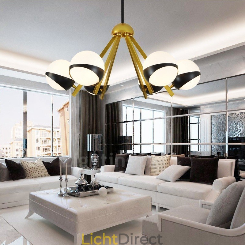 6-lichts moderne eigentijdse Scandinavische stijl plafondlamp met zwart-witte bolvormige glazen kap