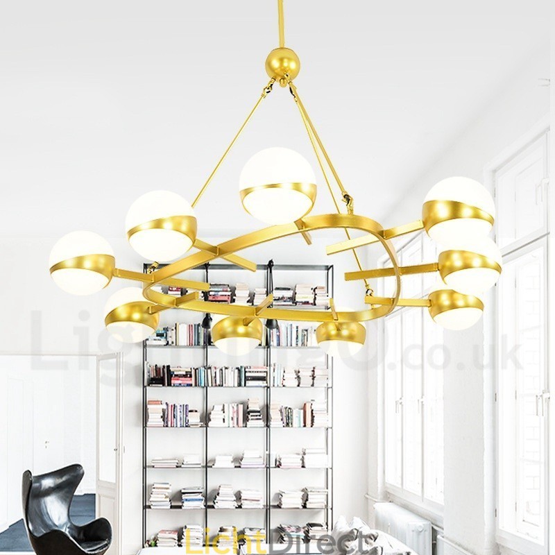 9 Lichts Moderne Hedendaagse Scandinavische Stijl Plafondlampen Koperen Kroonluchter met Goud en Witte Bolvormige Glazen Kap