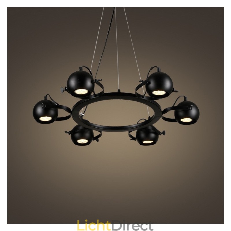 6-lichts retro vintage zwarte ijzeren hanglamp met zwarte ijzeren bolvormige kappen