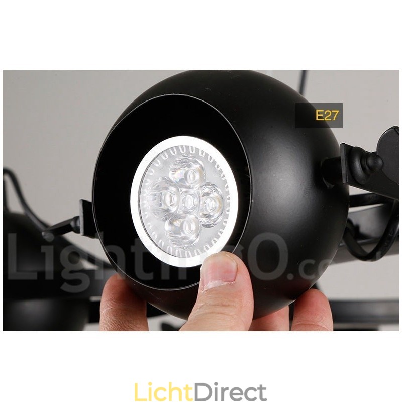 6-lichts retro vintage zwarte ijzeren hanglamp met zwarte ijzeren bolvormige kappen