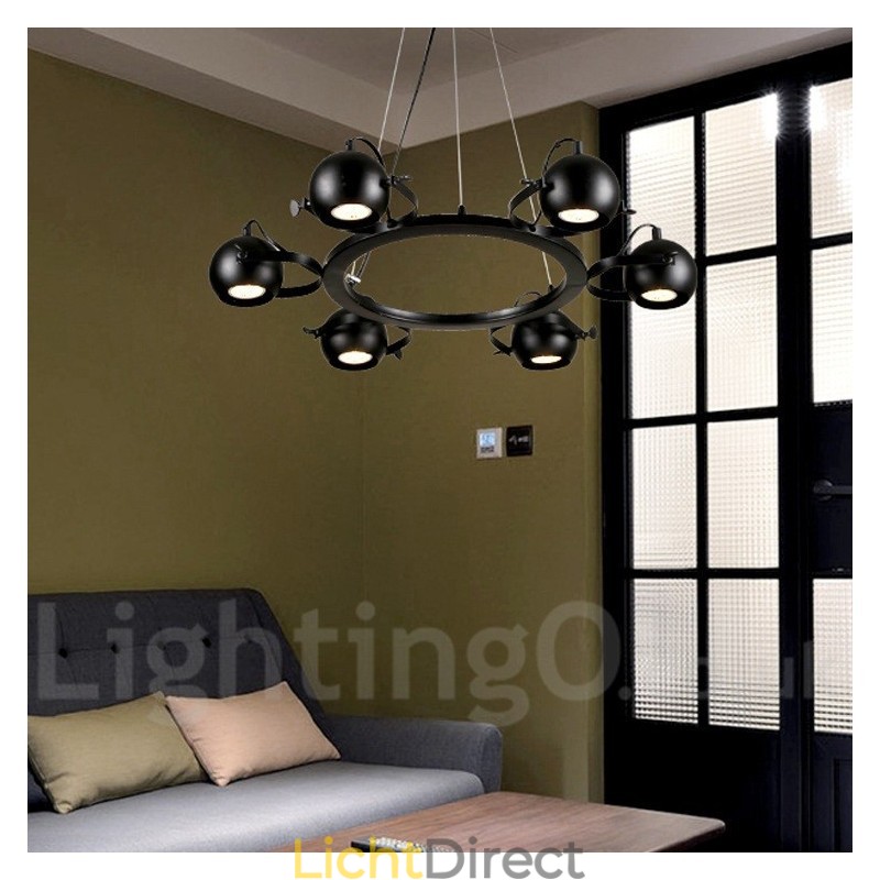 6-lichts retro vintage zwarte ijzeren hanglamp met zwarte ijzeren bolvormige kappen
