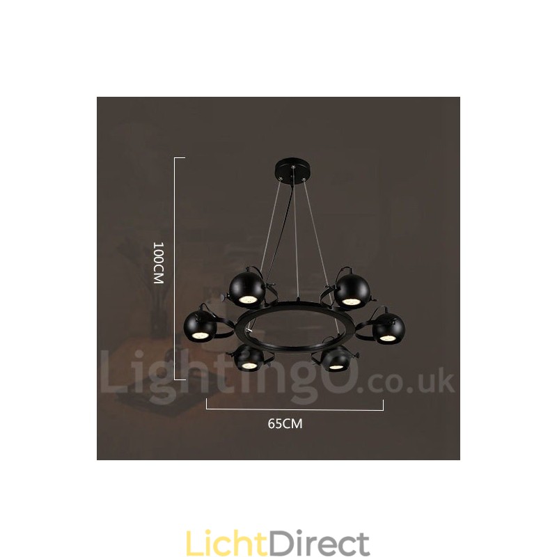 6-lichts retro vintage zwarte ijzeren hanglamp met zwarte ijzeren bolvormige kappen