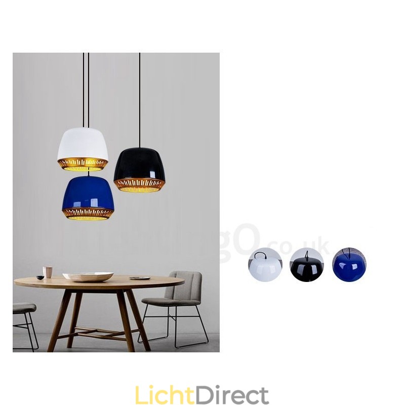 1-lichts moderne, eigentijdse hanglamp met zwart-wit-rood-blauwe kap