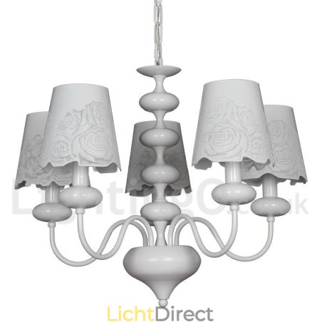 5-lichts moderne, eigentijdse, holle, witte kroonluchter in kaarsstijl