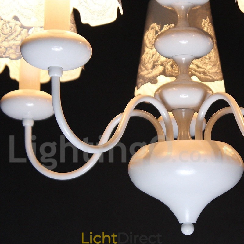 5-lichts moderne, eigentijdse, holle, witte kroonluchter in kaarsstijl