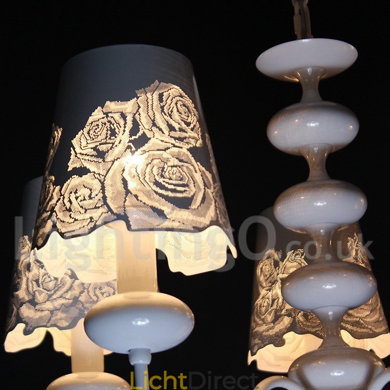 5-lichts moderne, eigentijdse, holle, witte kroonluchter in kaarsstijl