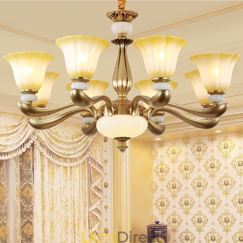 8-lichts retro traditionele luxe kroonluchter van zinklegering met glazen kap