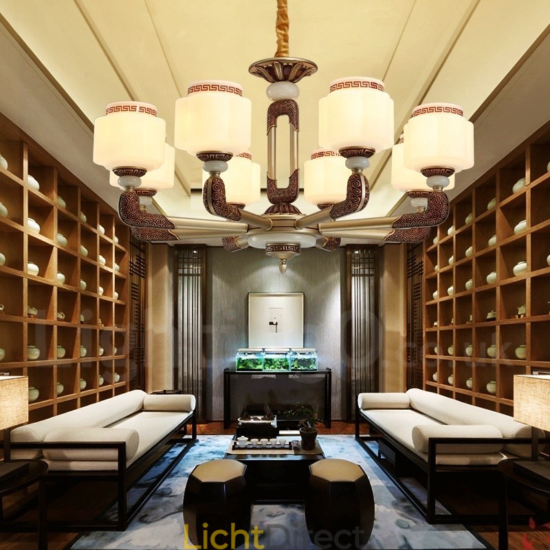 8-lichts retro traditionele luxe lobby kroonluchter van zinklegering met glazen kap