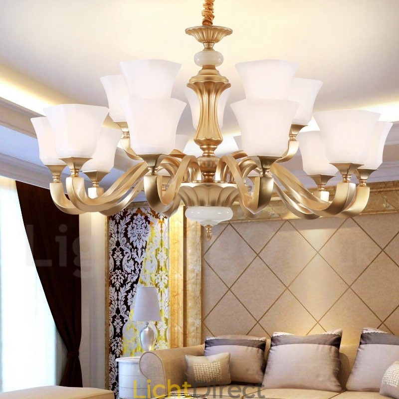 15-lichts retro traditionele rustieke kroonluchter met glazen kap