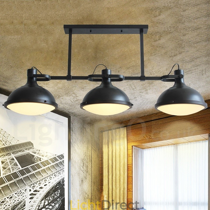 3-lichts retro rustieke stalen hanglamp met glazen kap