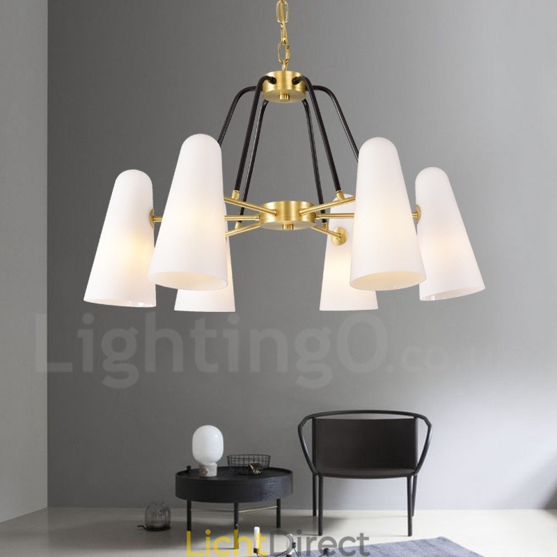 6-lichts retro rustieke luxe messing hanglamp kroonluchter met glazen kap