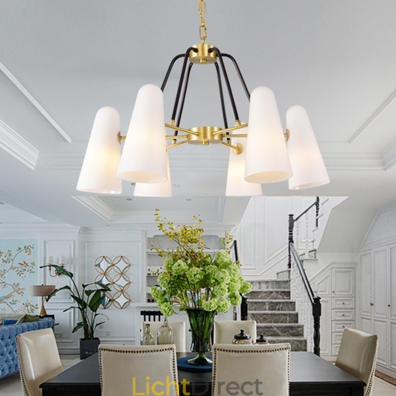 6-lichts retro rustieke luxe messing hanglamp kroonluchter met glazen kap