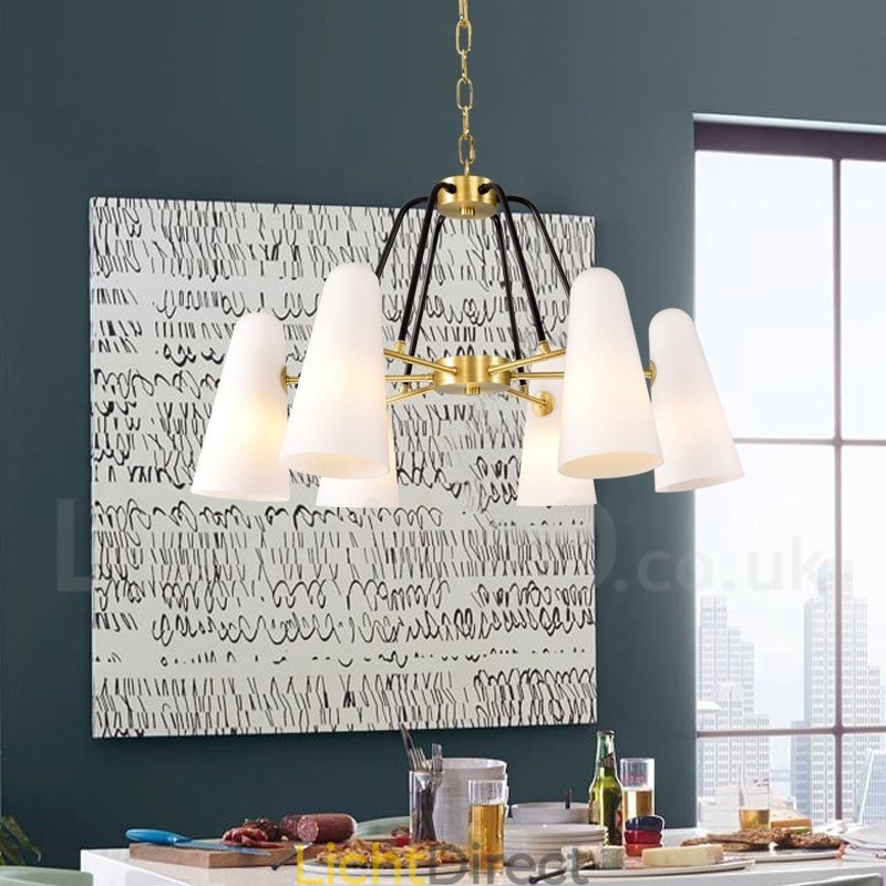 6-lichts retro rustieke luxe messing hanglamp kroonluchter met glazen kap