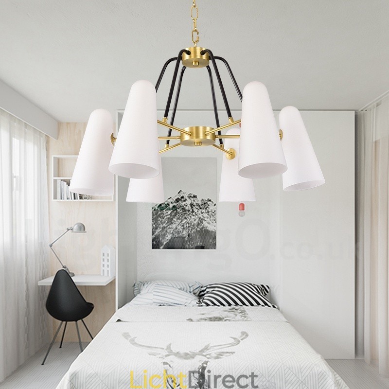 6-lichts retro rustieke luxe messing hanglamp kroonluchter met glazen kap