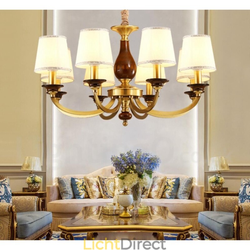 8-lichts retro rustieke luxe messing hanglamp kroonluchter met glazen kap