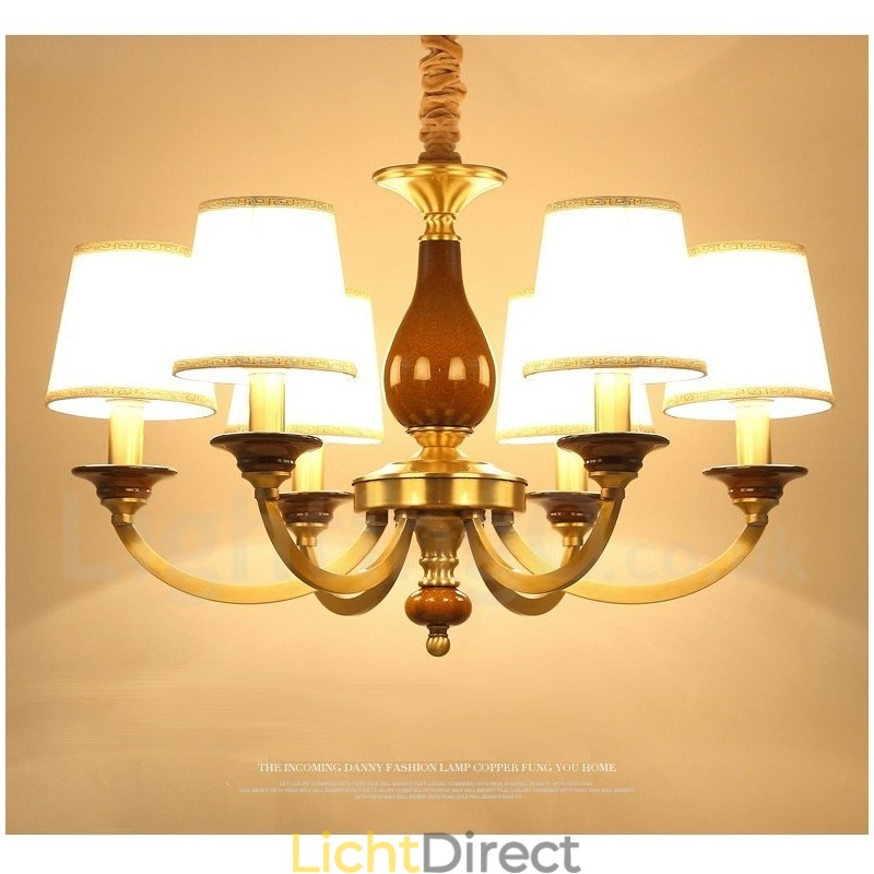 6-lichts retro rustieke luxe messing hanglamp kroonluchter met glazen kap