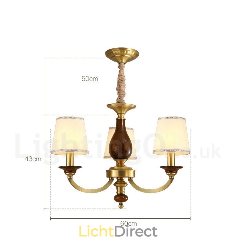 3-lichts retro rustieke luxe messing hanglamp kroonluchter met glazen kap