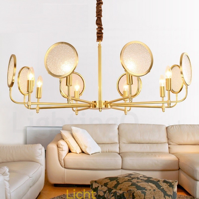 8-lichts retro rustieke luxe messing hanglamp kroonluchter met glazen kap