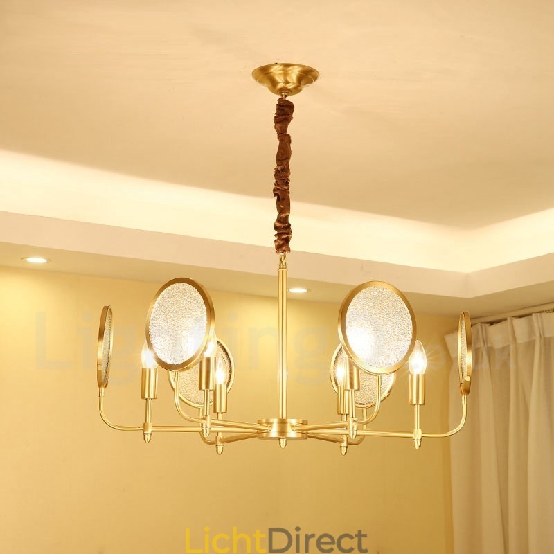 6-lichts retro rustieke luxe messing hanglamp kroonluchter met glazen kap