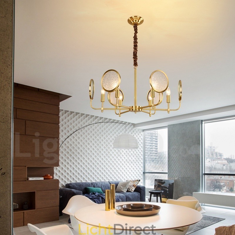 6-lichts retro rustieke luxe messing hanglamp kroonluchter met glazen kap