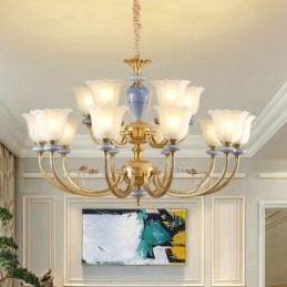 15 Lichts Retro Rustieke Luxe Messing Hanglamp Kroonluchter met Glazen Kap
