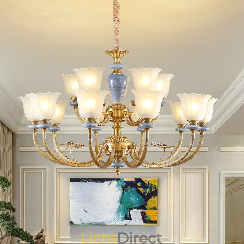 15 Lichts Retro Rustieke Luxe Messing Hanglamp Kroonluchter met Glazen Kap