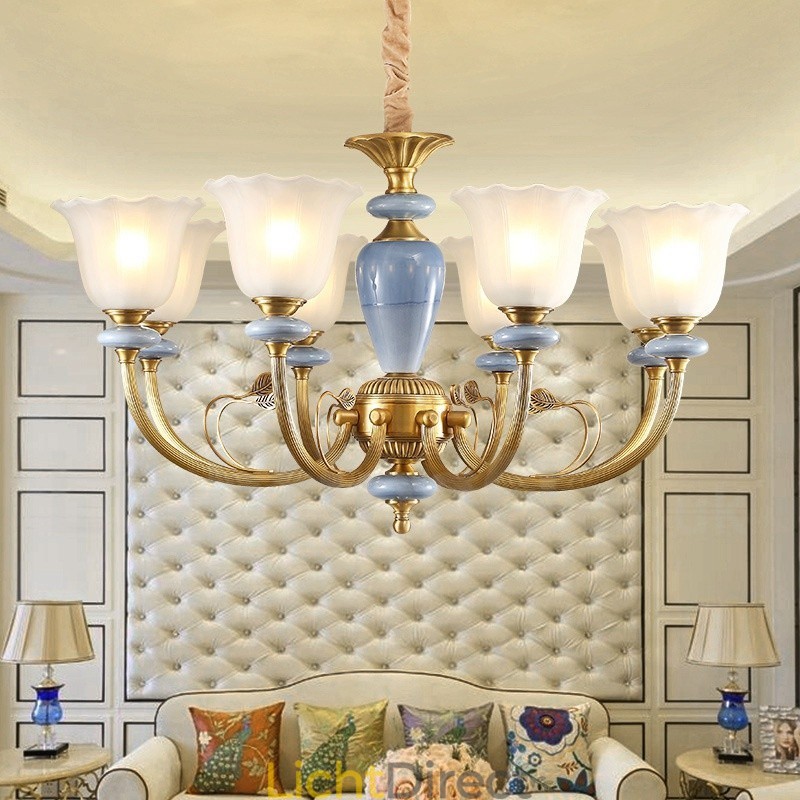 8-lichts retro rustieke luxe messing hanglamp kroonluchter met glazen kap