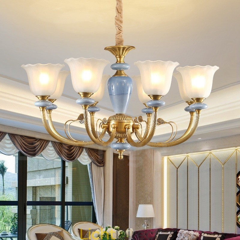 8-lichts retro rustieke luxe messing hanglamp kroonluchter met glazen kap