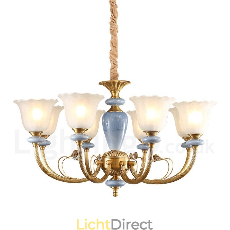 8-lichts retro rustieke luxe messing hanglamp kroonluchter met glazen kap
