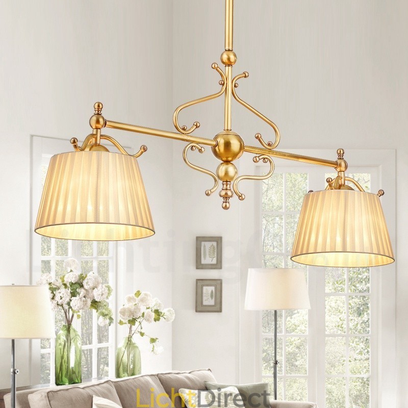2-lichts retro rustieke luxe messing hanglamp kroonluchter met stoffen kap