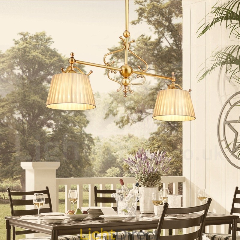 2-lichts retro rustieke luxe messing hanglamp kroonluchter met stoffen kap