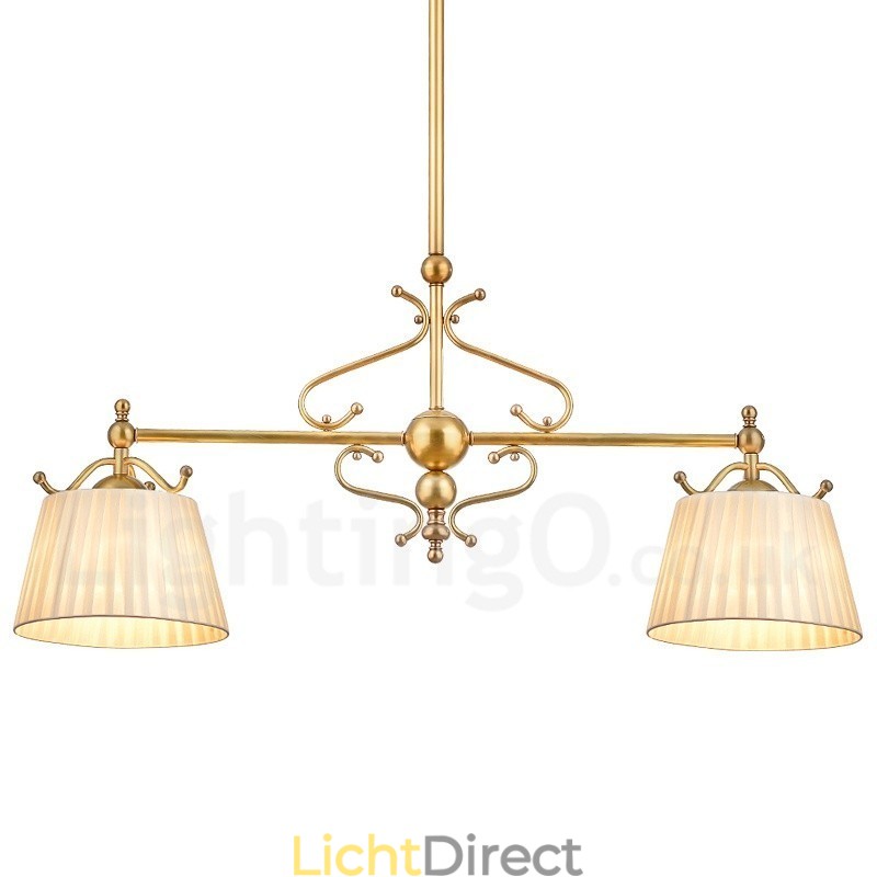 2-lichts retro rustieke luxe messing hanglamp kroonluchter met stoffen kap
