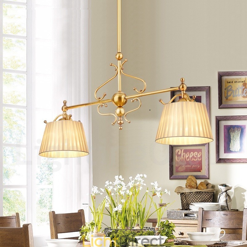 2-lichts retro rustieke luxe messing hanglamp kroonluchter met stoffen kap