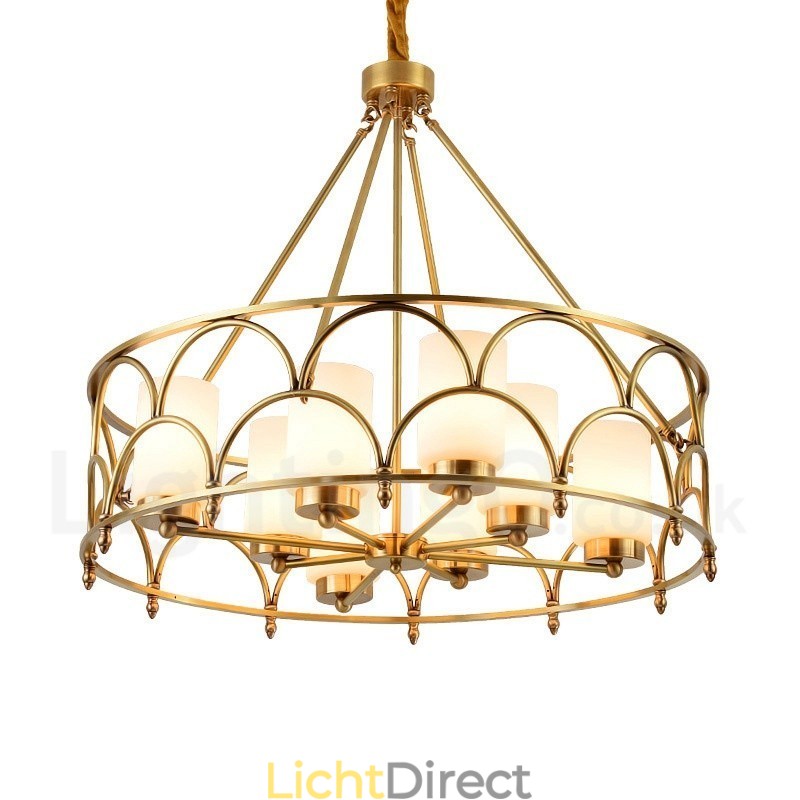 8-lichts retro rustieke luxe messing hanglamp kroonluchter met glazen kap