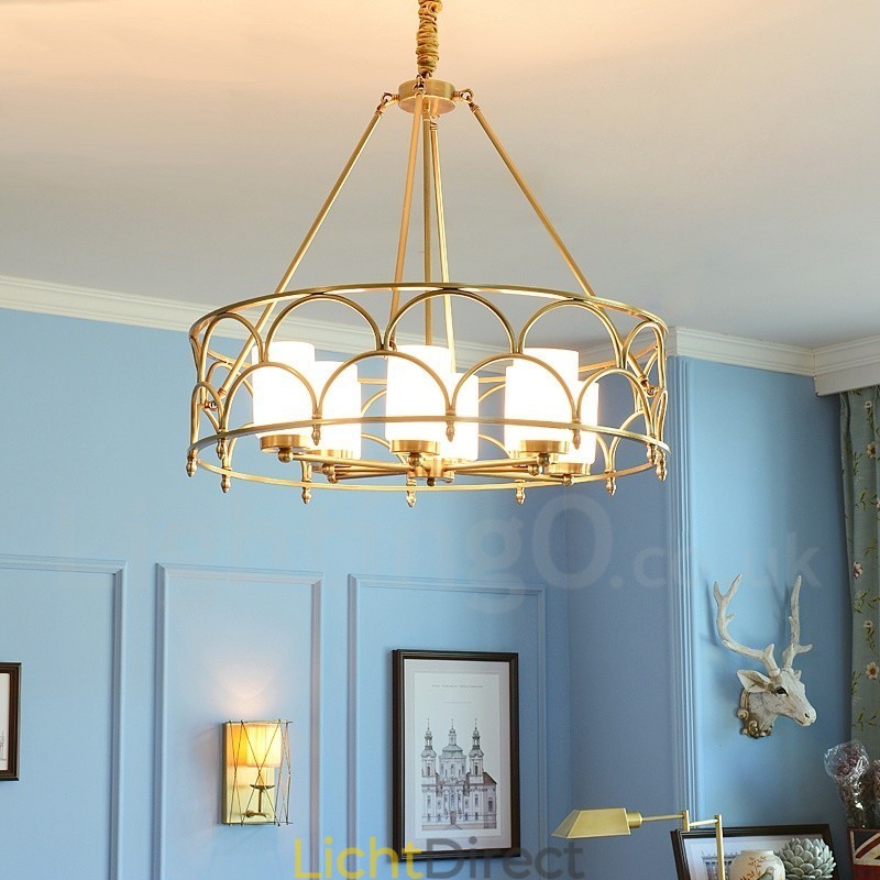 8-lichts retro rustieke luxe messing hanglamp kroonluchter met glazen kap