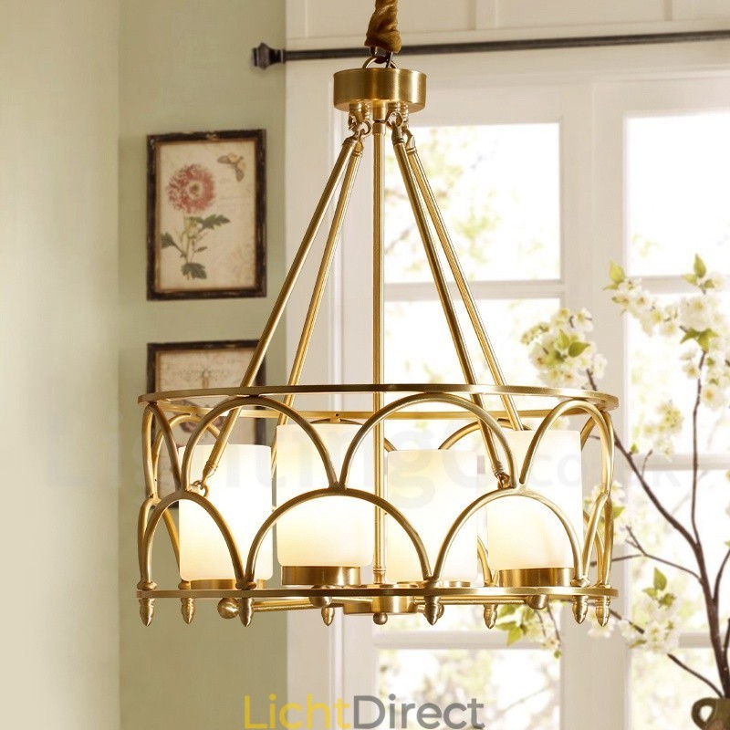4-lichts retro rustieke luxe messing hanglamp kroonluchter met glazen kap