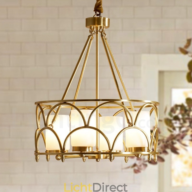 4-lichts retro rustieke luxe messing hanglamp kroonluchter met glazen kap