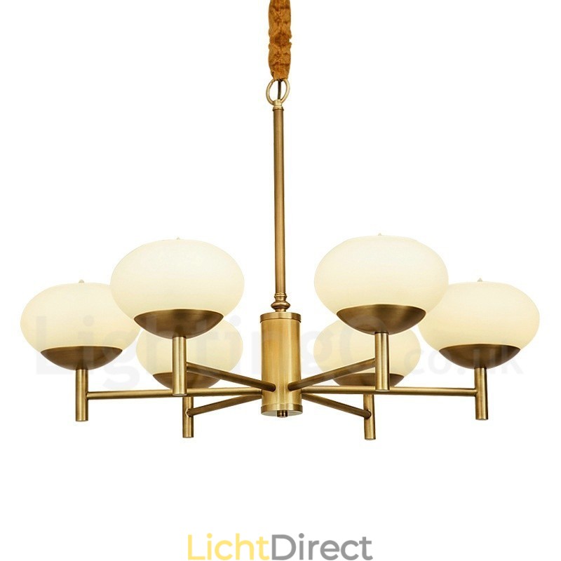 6-lichts retro rustieke luxe messing hanglamp kroonluchter met glazen kap