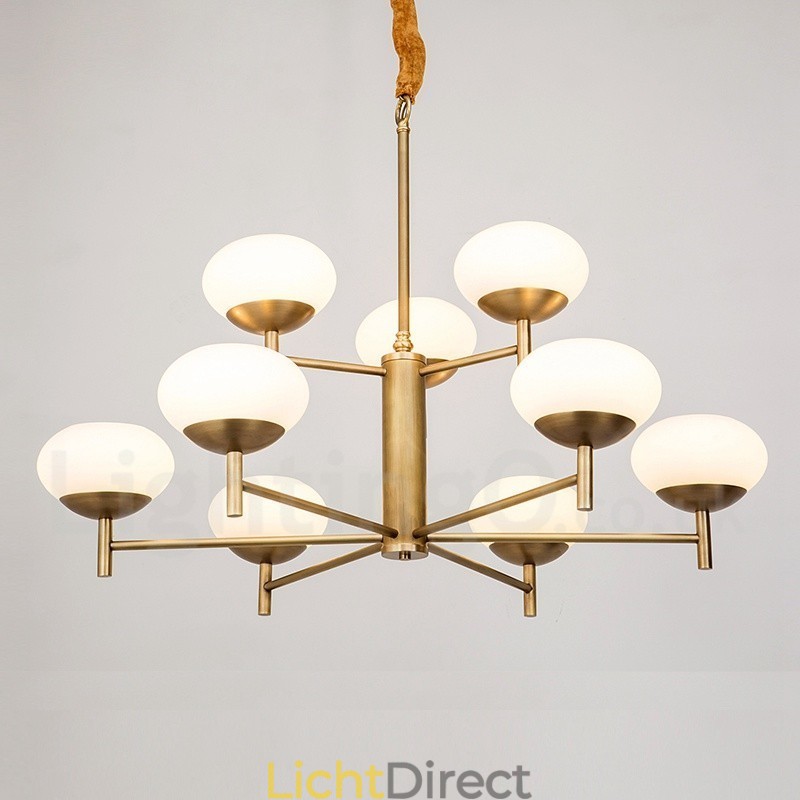 9-lichts retro rustieke luxe messing hanglamp kroonluchter met glazen kap