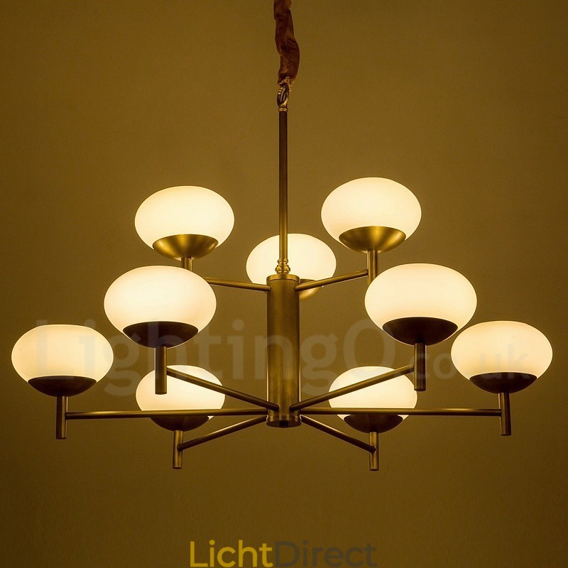 9-lichts retro rustieke luxe messing hanglamp kroonluchter met glazen kap