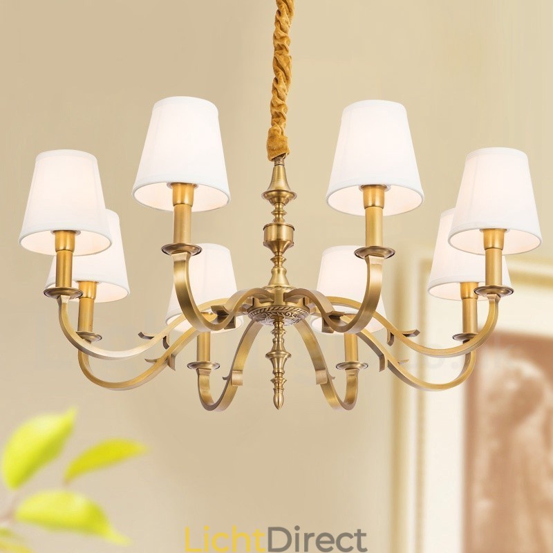 8-lichts retro rustieke luxe messing hanglamp kroonluchter met stoffen kap