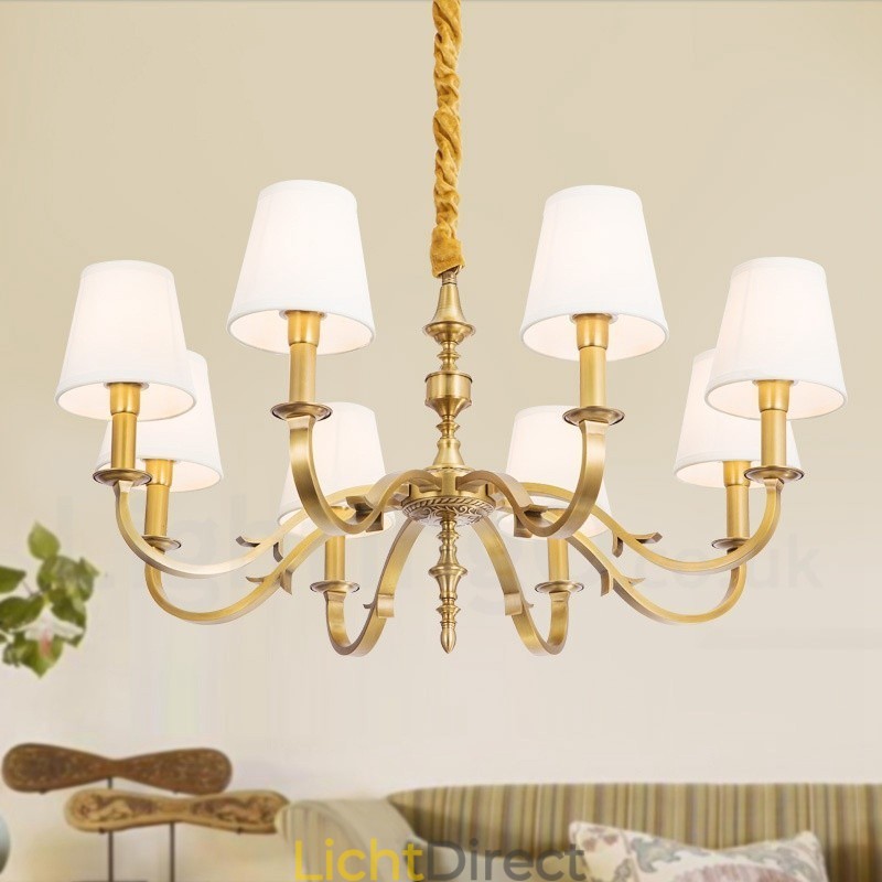 8-lichts retro rustieke luxe messing hanglamp kroonluchter met stoffen kap