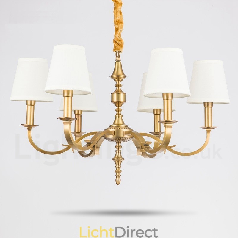6-lichts retro rustieke luxe messing hanglamp kroonluchter met stoffen kap