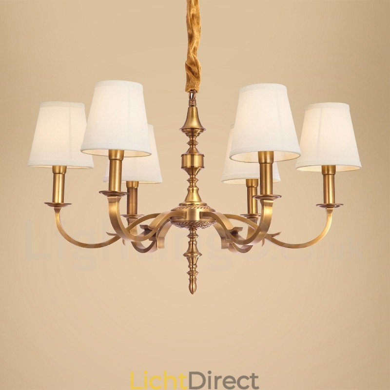 6-lichts retro rustieke luxe messing hanglamp kroonluchter met stoffen kap