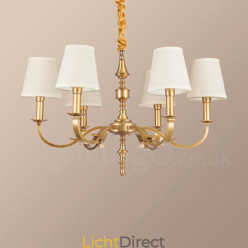 6-lichts retro rustieke luxe messing hanglamp kroonluchter met stoffen kap